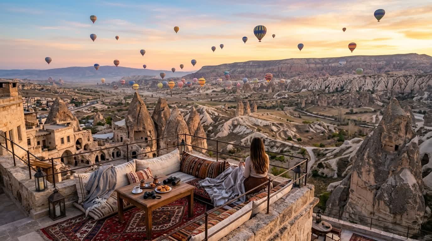 Hot-air balloons above Cappadocia’s rock formations and terraces at sunrise