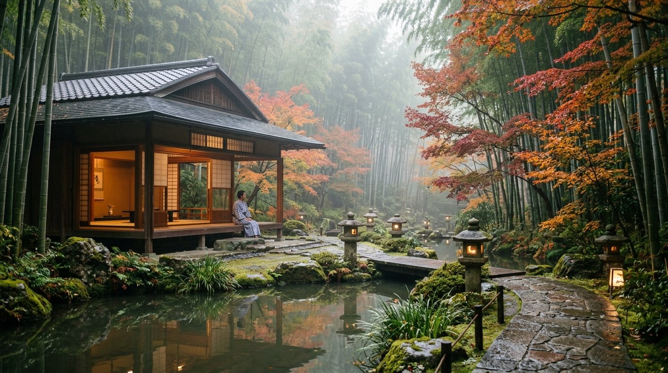 Japanese pavilion beside a peaceful pond in a misty bamboo garden