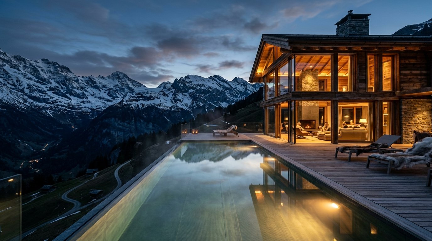 An illuminated mountain chalet and pool overlooking the Swiss Alps