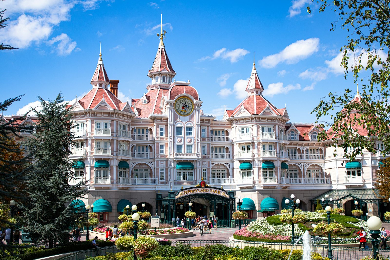 The pink-roofed Disneyland Hotel at the entrance to Disneyland Paris